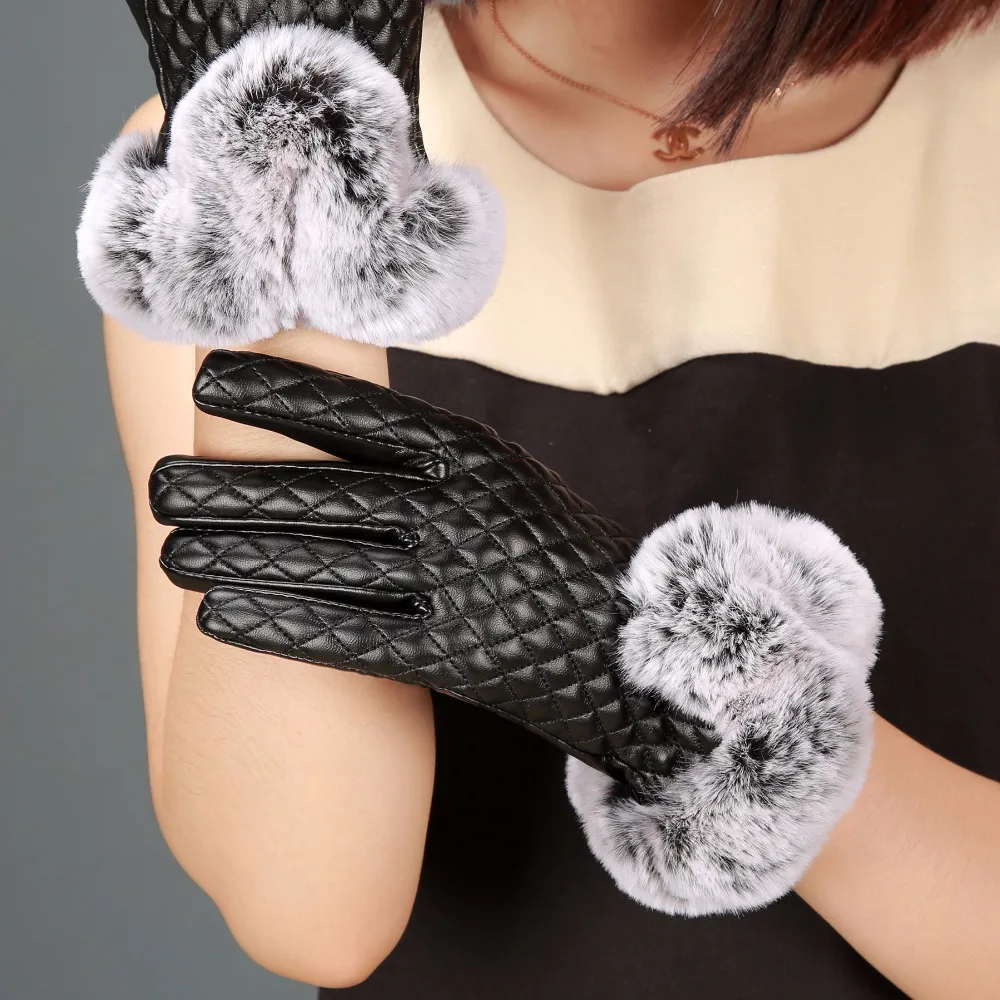 Перчатки женские из искусственной кожи зимние теплые 2016 с кроличьим мехом |