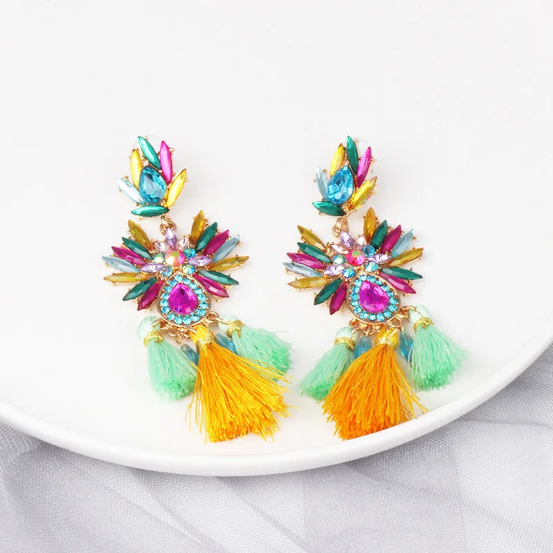 Brand Boho Tassel Fringed Earrings for Women Trendy Wedding Vintage Geometric Colorful Crystal Drop Earrings Statement Jewelry