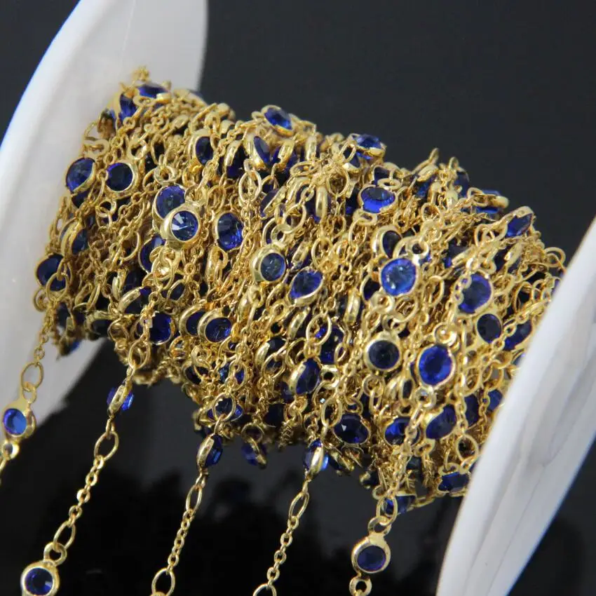 

5meters/lot,Faceted 4mm Dark Blue Glass Coin Bead Rosary Chain,Glass Crystal Round Slice Link Plating Gold Wire Wrapped Chain