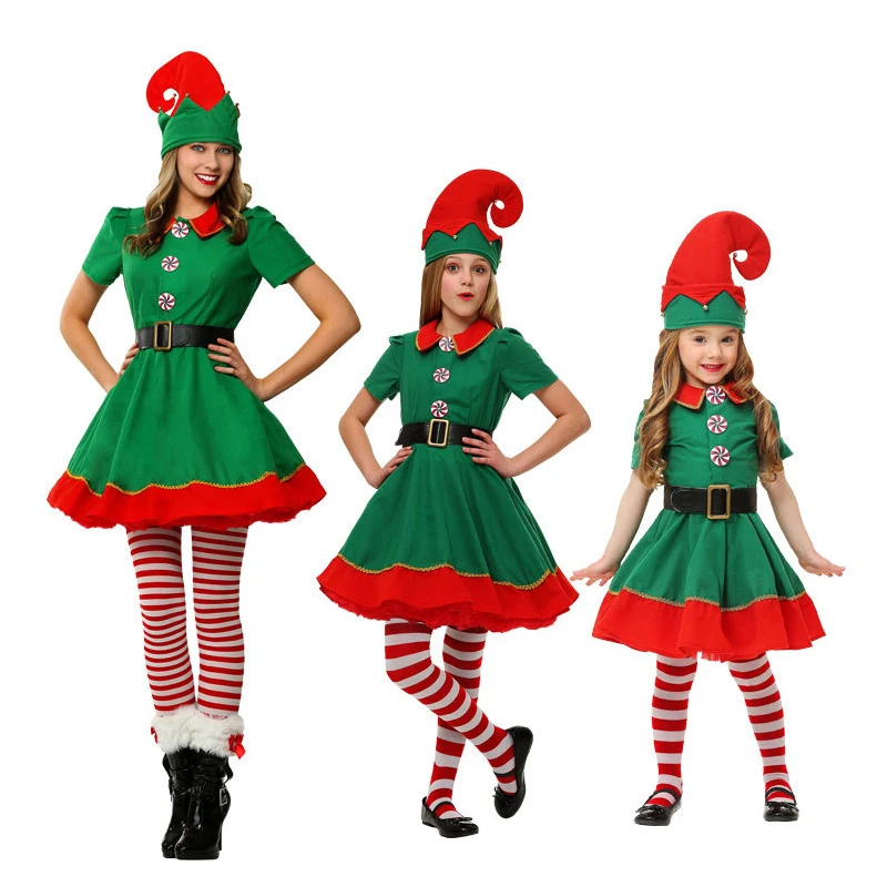 Girls Забавные зеленые рождественские костюмы для взрослых; костюм Санта-Клауса; Семейные комплекты; детское карнавальное платье; новогодний наряд для девочек - Цвет: Girls