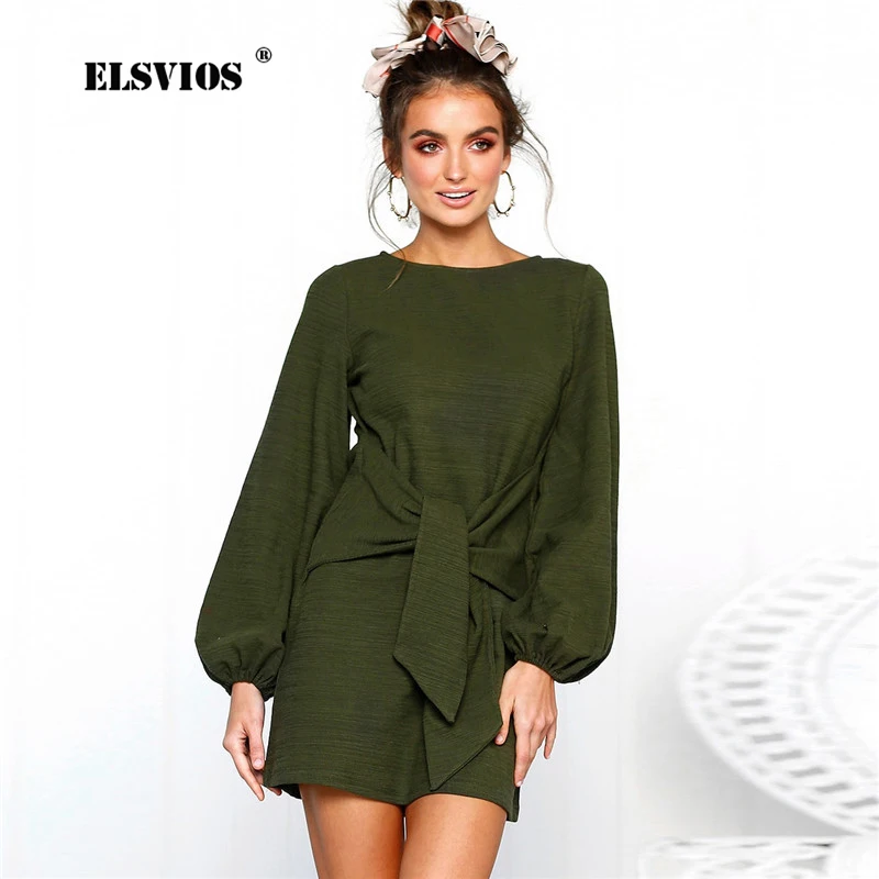 Женское Трикотажное короткое платье ELSVIOS однотонное с длинными рукавами и