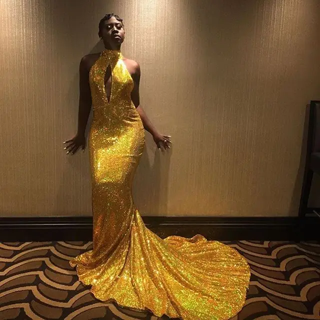 

High Neck Black Girls Gold Prom Dresses Full Sequined High Neck Sexy Backless Prom Dress Formal Party Gown