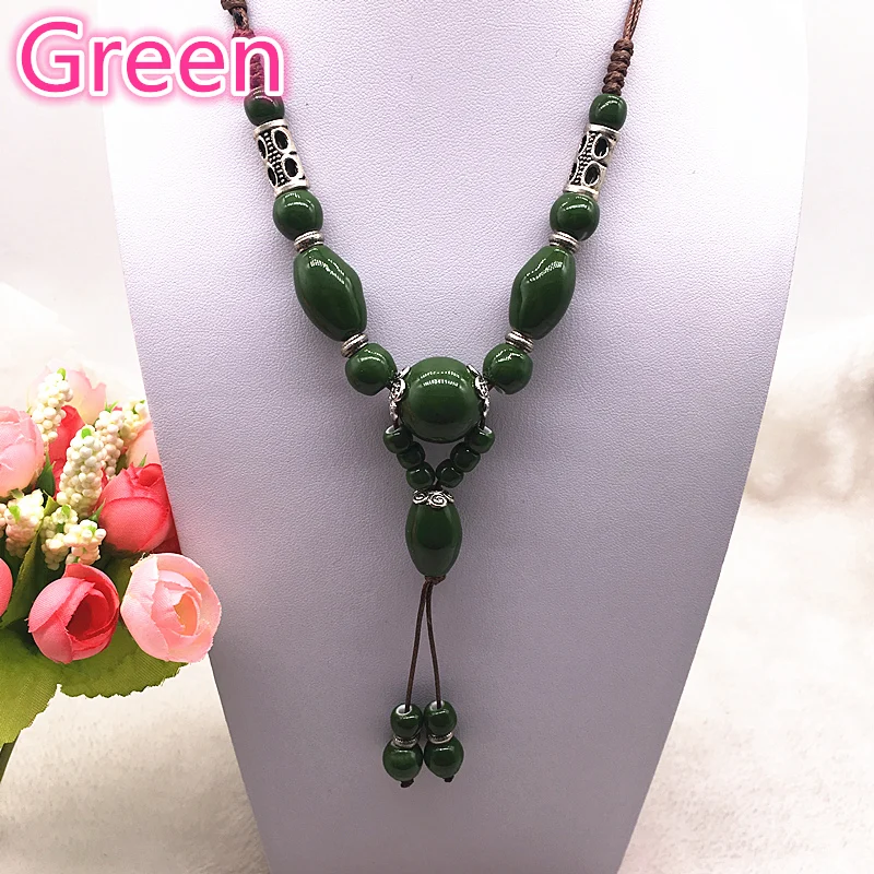 07green Модное этническое ювелирное изделие традиционные украшения ручной работы Плетение восковой веревки керамическое ожерелье с керамическими бусинами длинное ожерелье#07 - Окраска металла: 07green