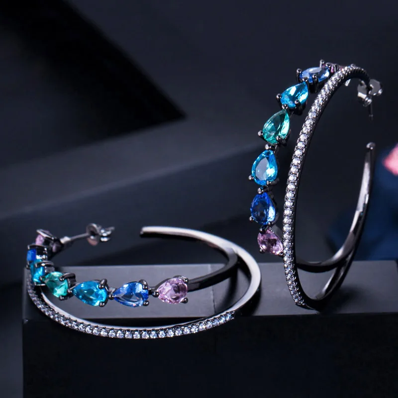 Black Gold Color Pera Роскошные дубайские женские серьги-кольца для свадебной вечеринки из желтого золота в форме капли воды с кубическим цирконием, круглые серьги-кольца для женщин E394 - Окраска металла: Black Gold Color