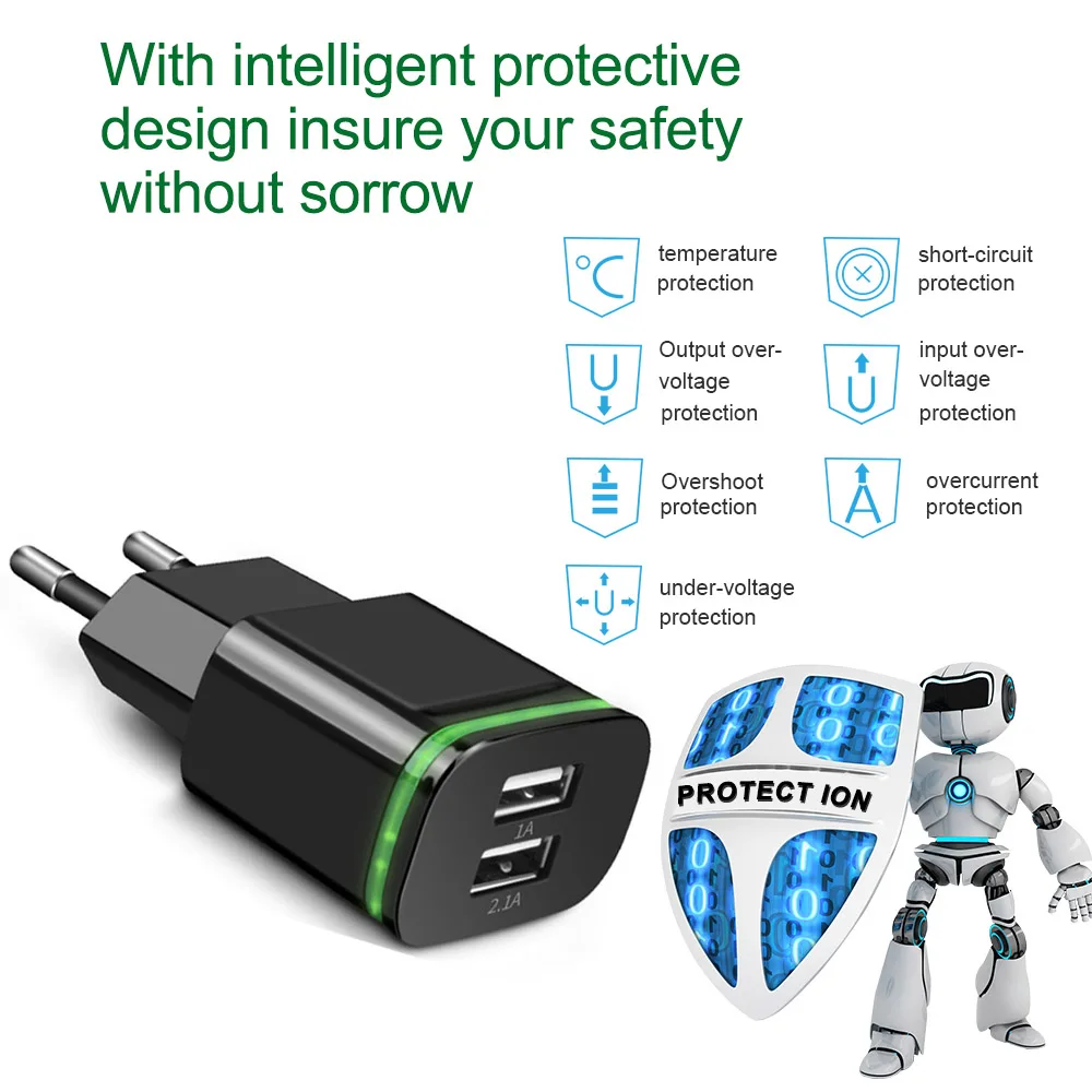 2 Порты и разъёмы USB зарядное устройство светодиодный светильник для сетевого дорожного зарядного устройства 5V 2A адаптер для Xiaomi redmi samsung huawei iphone 678 XS MAX универсальный кабель