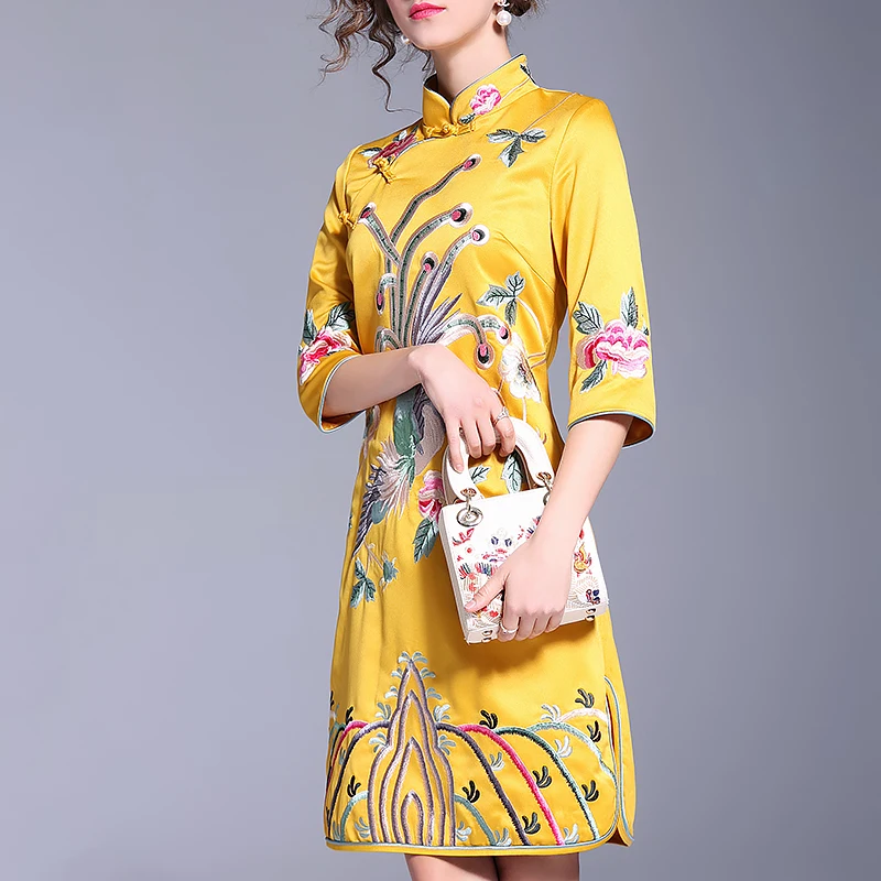 2018 Весна Для женщин китайское платье Вышивка Феникс розовый Cheongsam Винтаж Вышитые