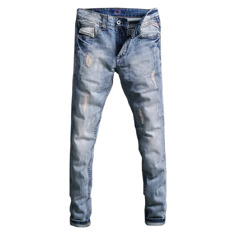 

American Streetwear Fashion Men Jeans Light Blue Slim Fit Ripped Jeans Men Patchwork Classical Denim Pants Hip Hop Jeans homme