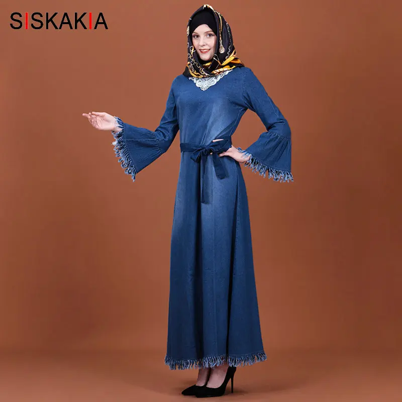 

Siskakia Vintage Ethnic Denim Long Dress Elegant lace Patchwork Beading Autumn Dresses 2019 Flare Long Sleeve with Slim Sash