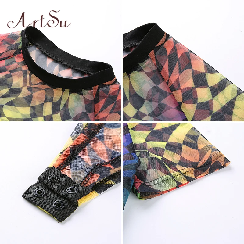 ArtSu Women Sexy Bodysuit Streetwear Colorful Plaid See-Through Chiffon Bodycon Female Catsuit Body Romper Bodysuits ASJU41091 | Женская