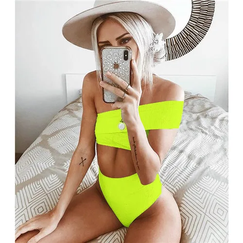 Bright Green Новинка, сексуальный купальник бикини на одно плечо, женский купальник, Одноцветный купальник бикини с высокой талией, купальные костюмы, летняя пляжная одежда, купальный костюм - Цвет: Bright Green