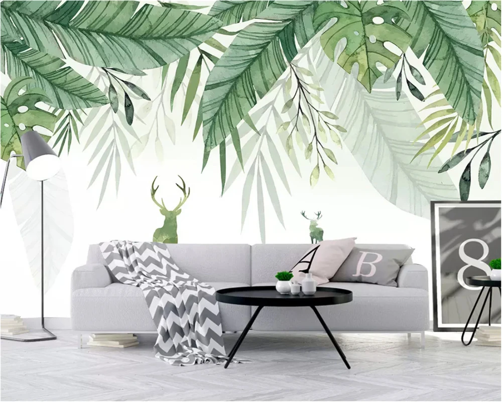 

Beibehang Custom Any Size 3D Wall Mural Wallpaper Small fresh elk green leaves watercolor background wall wallpaper for walls 3d