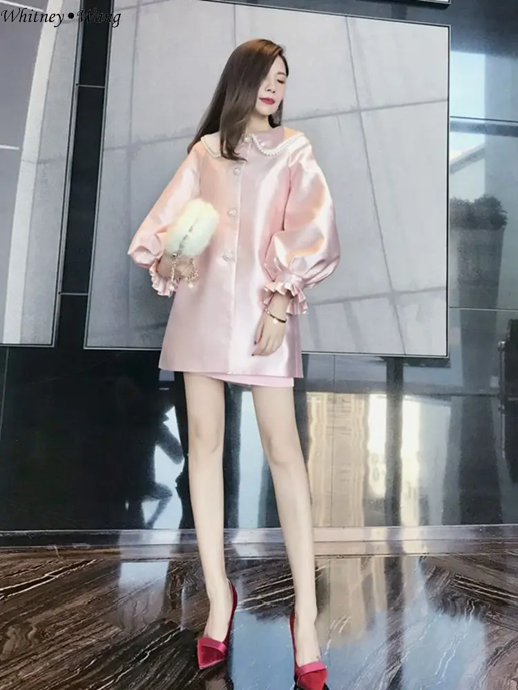 Розовый WHITNEY WANG Осенняя мода уличная милая жемчужина бисером воротник Бант пояс атласный Тренч пальто женская верхняя одежда пальто - Цвет: Розовый