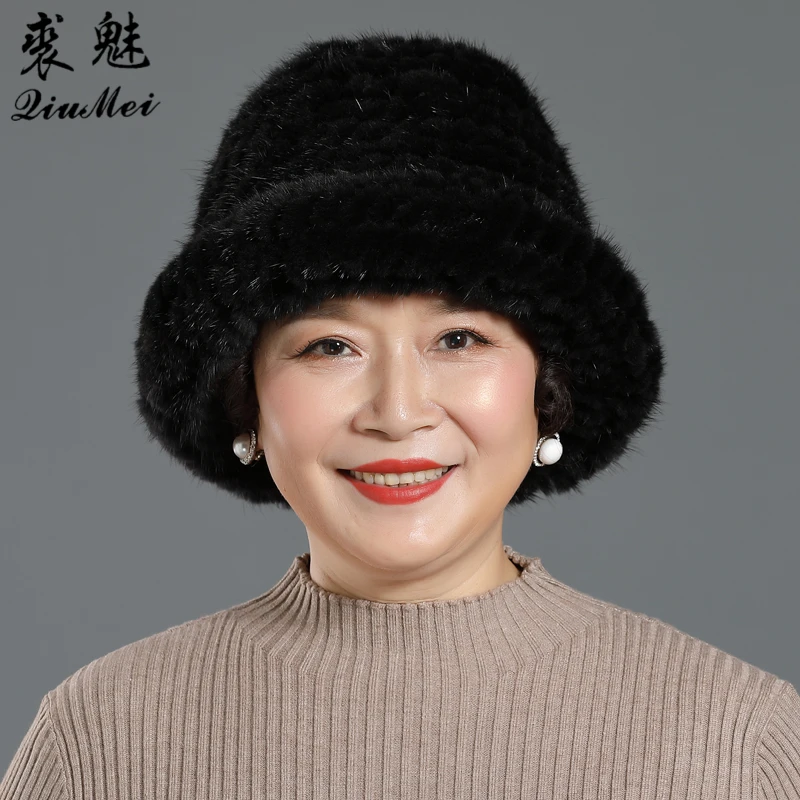

Women Knitted Real Mink Fur Bucket Hats Hand-Woven Lady's Winter Warm Cap Fluffy Soft Thicken Elastic Geniune Mink Fur Hat
