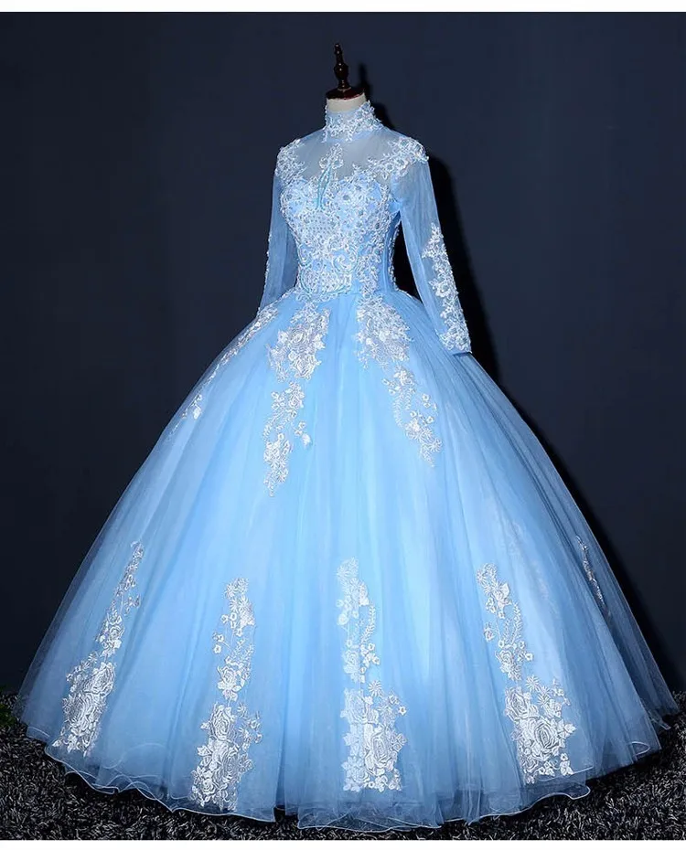 Vestido de Novia, мусульманское свадебное платье с длинным рукавом, бальное платье, свадебное платье с высоким воротом, голубые кружевные свадебные платья с аппликацией