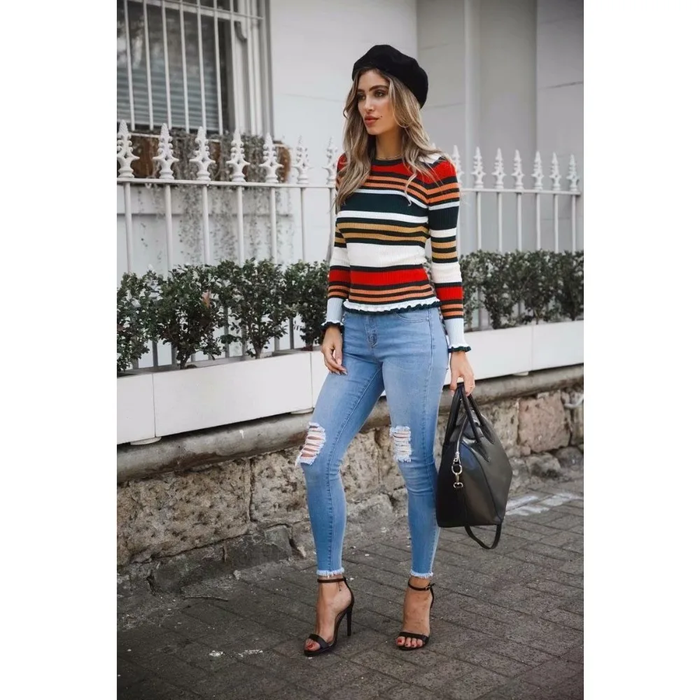Kenancy Women Pullovers Color Tight Stripe Ruffle Woollen Sweater Long Sleeve O-Neck Knitted Female Autumn Jumper | Женская одежда
