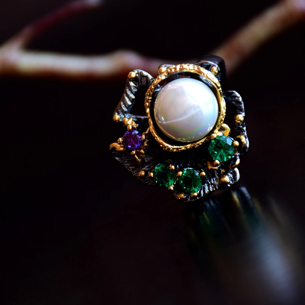 2021 в винтажном стиле с цветочным принтом кольца зеленый цирконий белый жемчуг