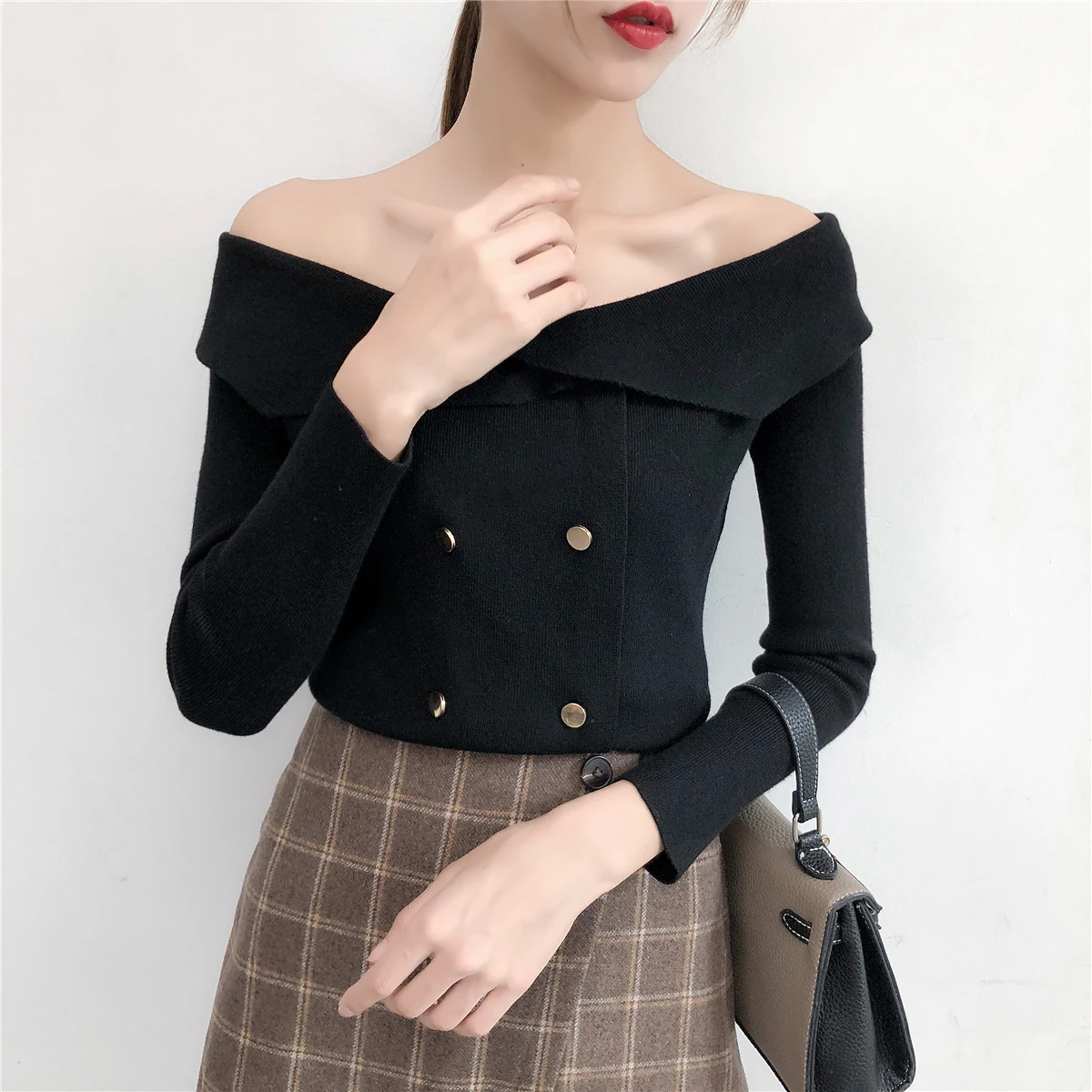Осень-зима новое слово воротник Off-the-shoulder пикантные свитер женский сладкий