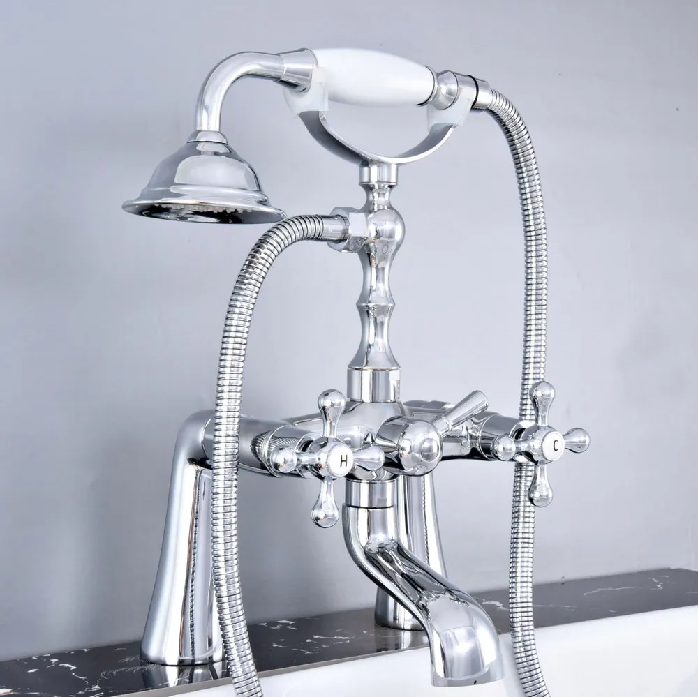 

Polished Chrome Brass Double Cross Handles Deck Mounted Claw Foot Bathroom Tub Faucet Mixer Tap With Handshower mtf770