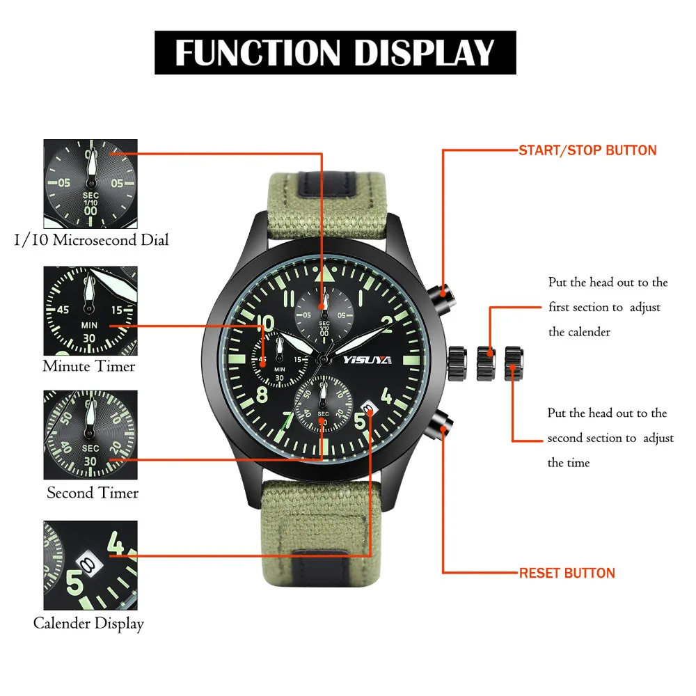 

YISUYA Men Quartz Chronograph Wristwatches Genuine Leather+Nylon Band Auto Date Luminous Sport Watch Trendy Military Sport Male