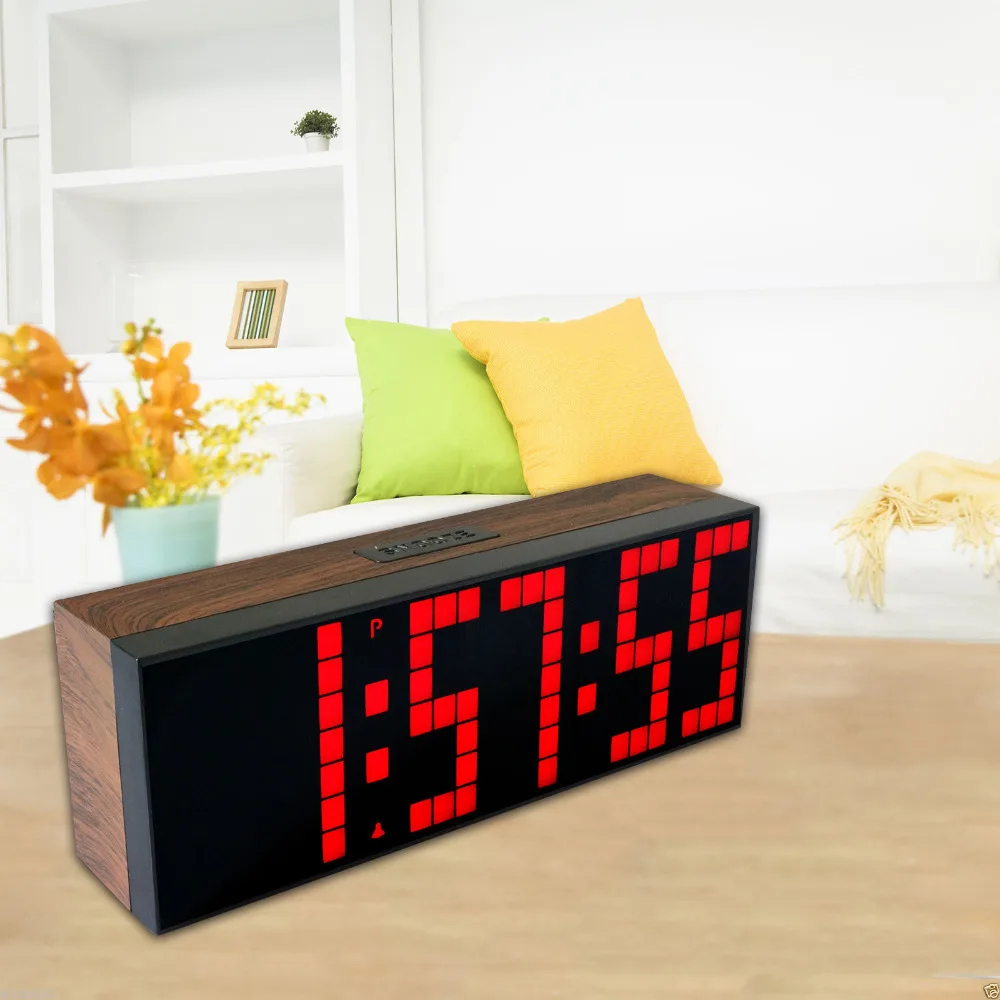 

Wood Grain LED Table Wall Clock with 3 Digits Group Show Hours Minutes Seconds Cuntdown Timer Available