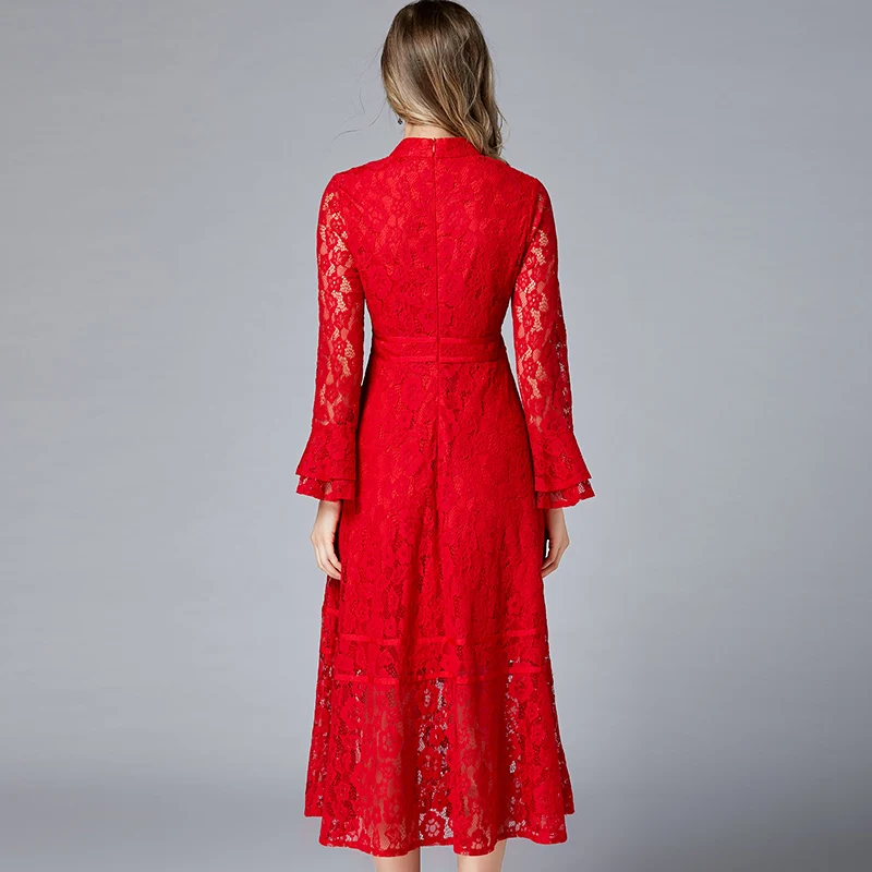 PLUS SIZE woman dress summer spring high quality floral pattern red lace flare sleeve stand collar calf length 5XL | Женская одежда