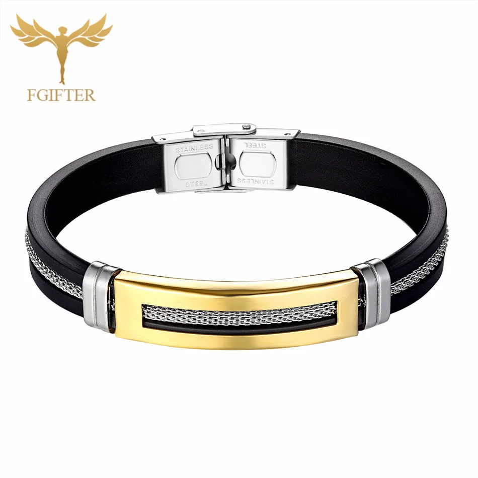 Bracelets Bangles Черный силиконовый браслет браслет из нержавеющей стали браслеты черный резиновый Браслет-манжета с цепочкой мужской браслет модные украшения ювелирные украшения - Окраска металла: Bracelets Bangles