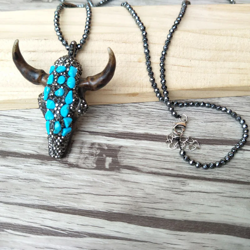 

5 Strands Hematite beads necklace horn cattle Tau Pendant pave Crystal Rhinestone Stone Boho necklaces for women NK382