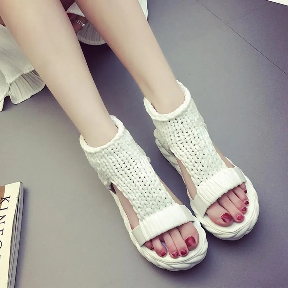 

Knit Platform Sandals Women Gladiator Sandals Summer Flat Wool Shoes Thick Heels Ladies Solid Sandalias Zapatos Mujer