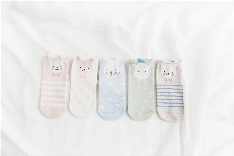 5 пар = 10 штук kawaii мультфильм женские хлопковые носки невидимые носки с милыми животными стерео ухо безбортные носки для девочек Забавные Дышащие носки