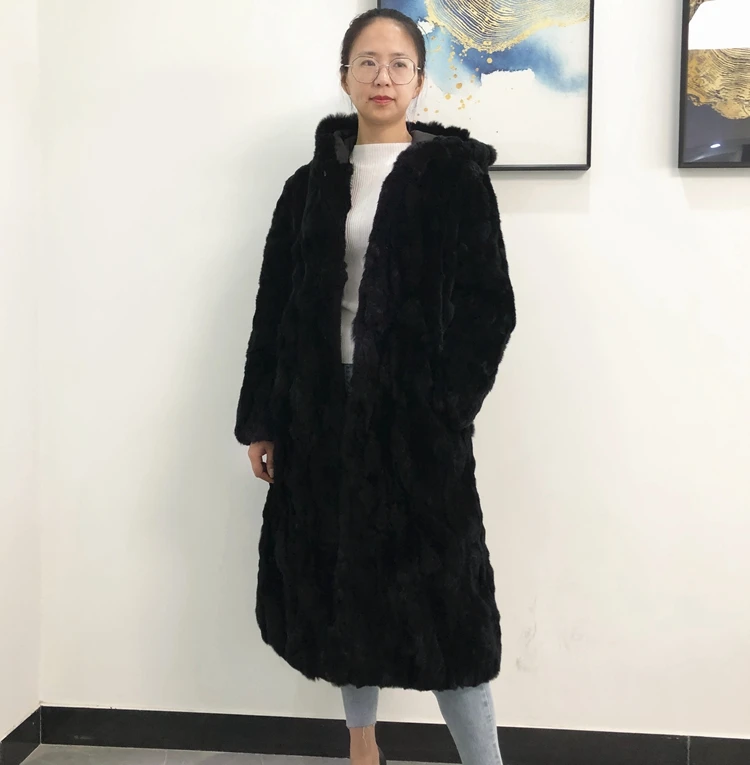 Hot Sell Natural Rex Rabbit Fur Winter Woman Coats Long Fashion Genuine Fur Coats Women Real Rex Rabbit Fur Coat Warm