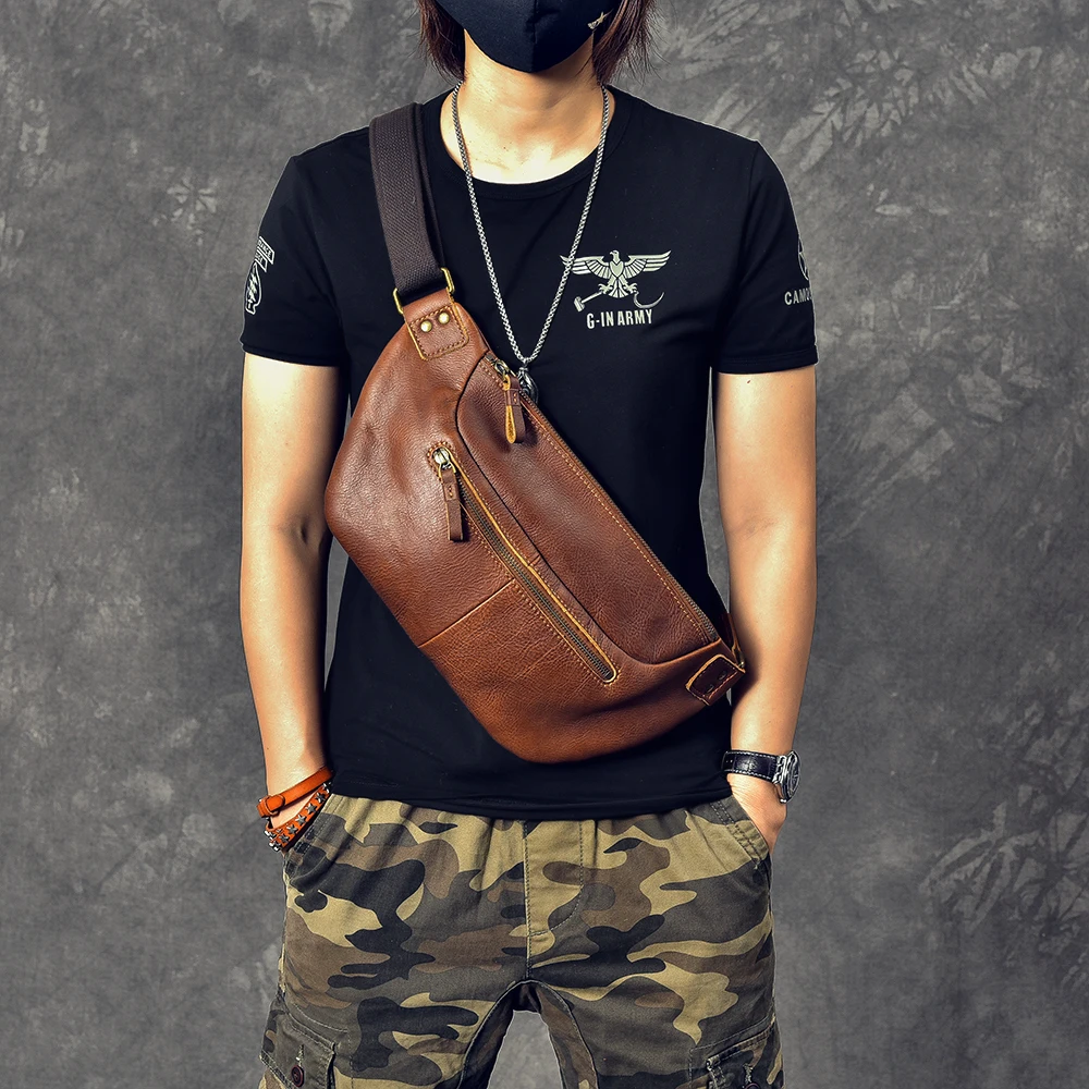 

vintage genuine leather men's chest bag Travel Wallet Passport Cover cowhide large messenger bags multi-function waist pack