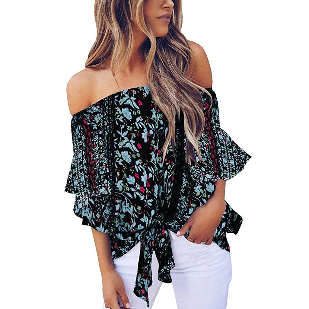 Женские топы и блузки с открытыми плечами шифоновая рубашка цветочным узлом