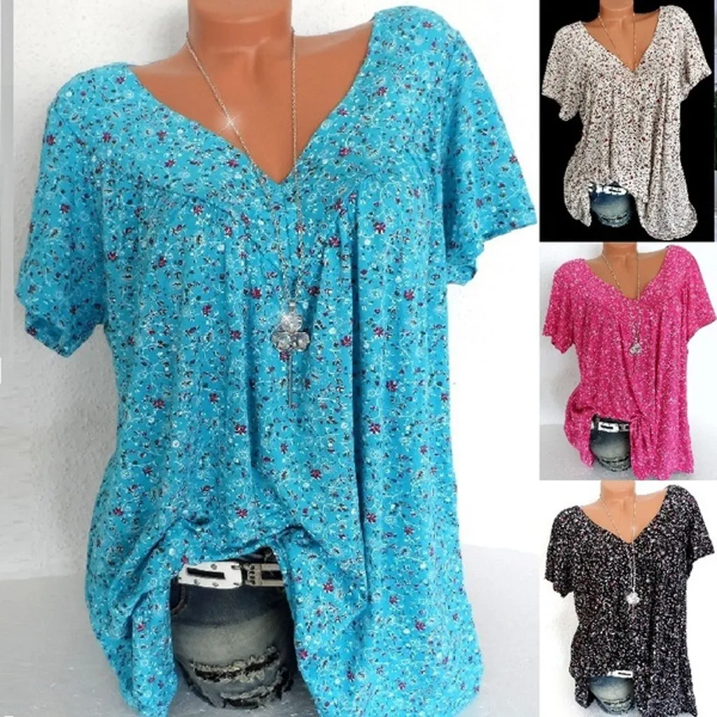 Модные женские блузки, Camisa Feminina размера плюс, короткий рукав, v-образный вырез, принт, блузка, пуловер, топы, женские блузки, Roupa Feminina