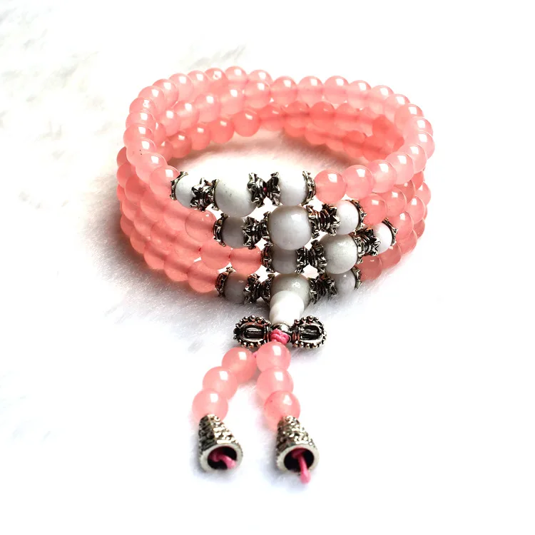 

Natural Pink chalcedony White tridacna Bead Round Tibetan Silver Charms Lucky Gift Healing Bracelets Chain Women Crystal Jewelry