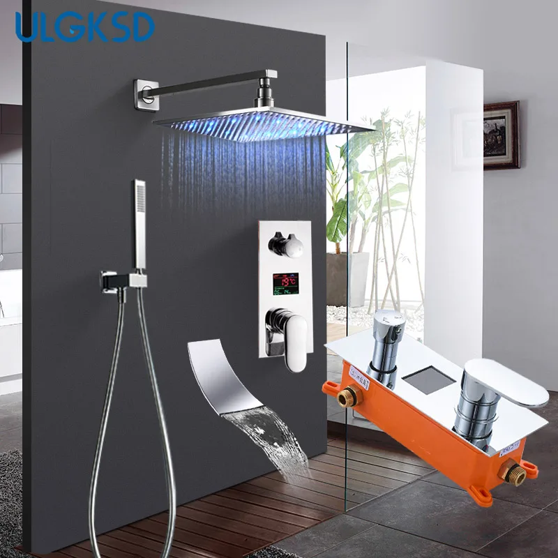 

ULGKSD LED Digital Shower Faucet Changing Shower Head Hot Cold Concealed Mixer Tap Chrome Brass For Bathroom Faucets