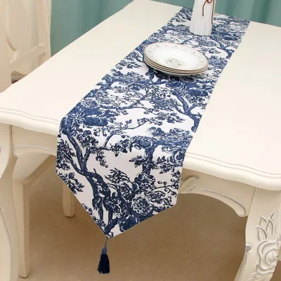 Pattern C Junwell поли/Лен Печать настольная дорожка китайский фарфор стиль дорожка скатерть с кисточками синий и белый - Цвет: Pattern C