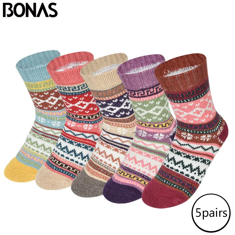 5Pairs BONAS 5 пар/лот теплые хлопковые носки зимние толстые Полосатые Шерстяные носки женские модные дышащие носки повседневные кашемировые носки - Цвет: 5Pairs