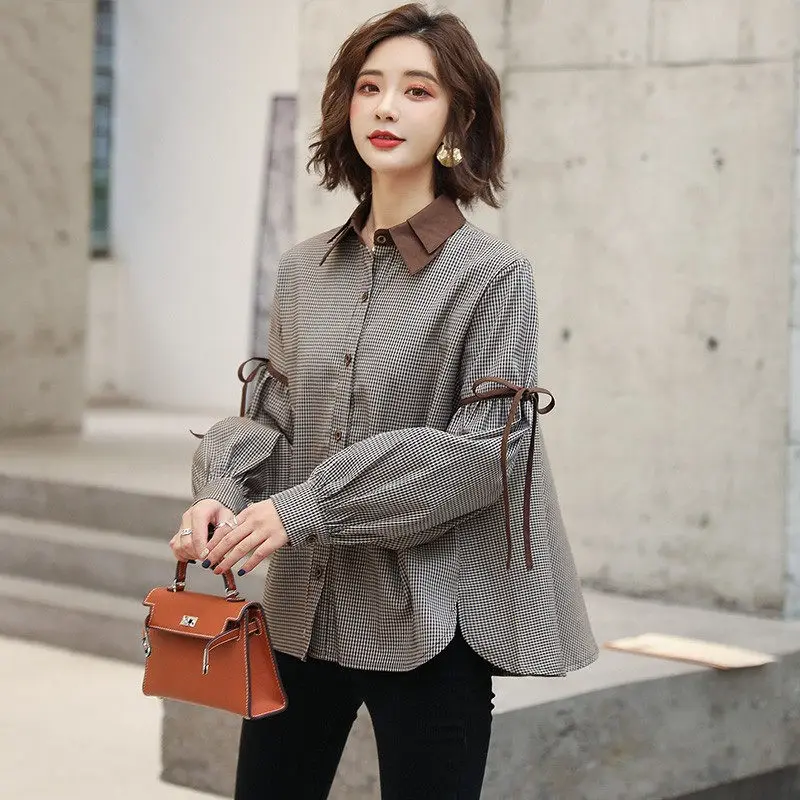 

Женская однобортная блуза в клетку, свободная Повседневная рубашка в Корейском стиле с отложным воротником и рукавами-фонариками, весна 2020