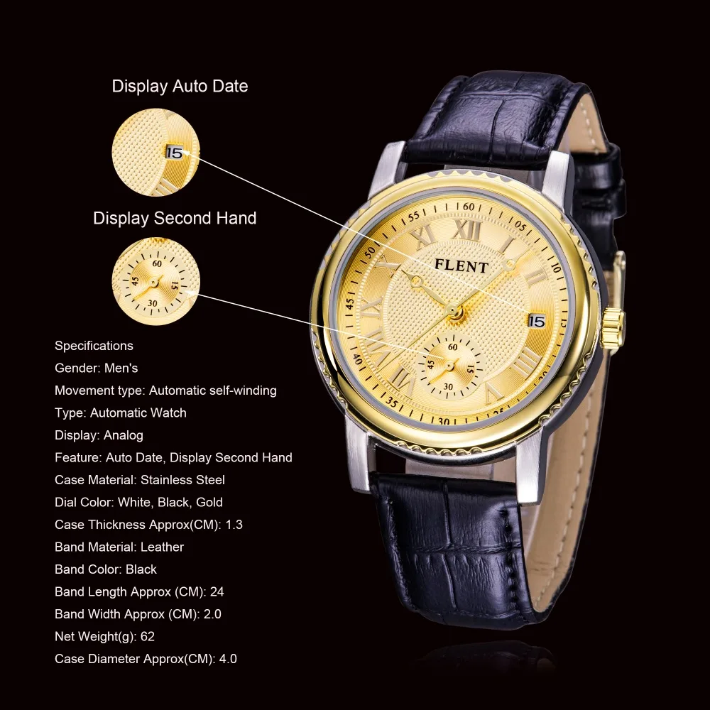 Men Leather Strap Automatic Mechanical Watches Auto Date Display Second Hand Fashion Analog Wrist Watch | Наручные часы