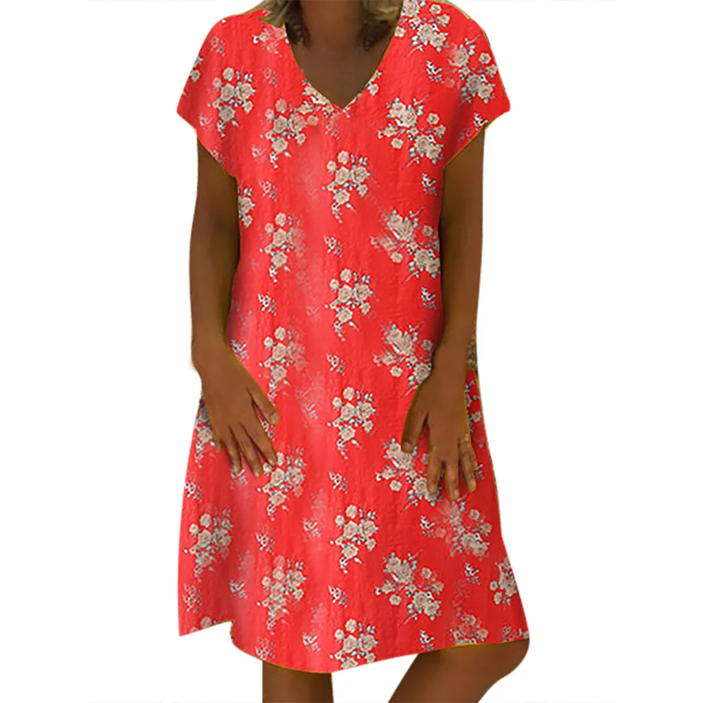 Женское платье до колена с v образным вырезом и коротким рукавом 3 вида цветов