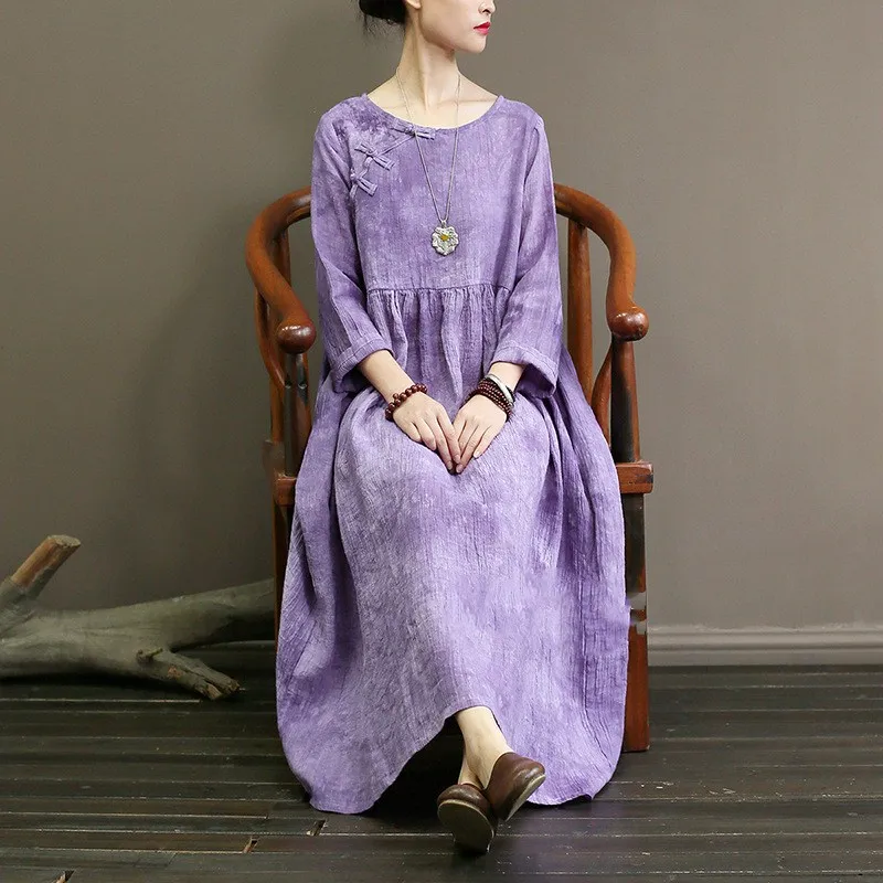 QPFJQD Women'S Retro National Wind Sand Wash Linen Dresses Autumn Spring Full Sleeve 3 Buttons O Neck Long Purple Maxi Dress | Женская