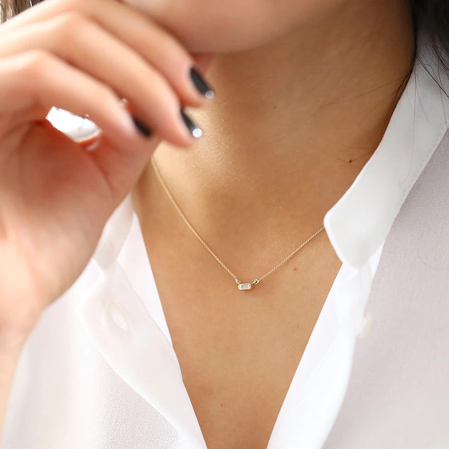 

Moissanite F Color 3X5MM 14K Yellow Gold Emerald Pendant With 14K Gold Chain Necklace For Women in Fine Jewelry