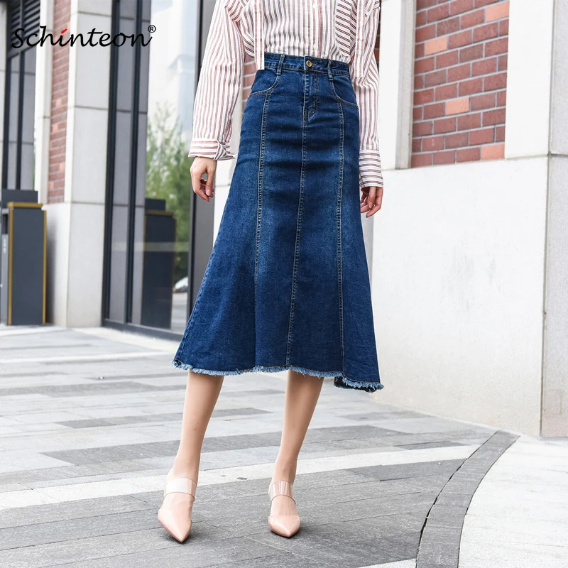 

Schinteon Size S-9XL Women Denim A-line Long Bodycon Elasticity Skirt Jeans Casual Skirt Pockets Fashion New