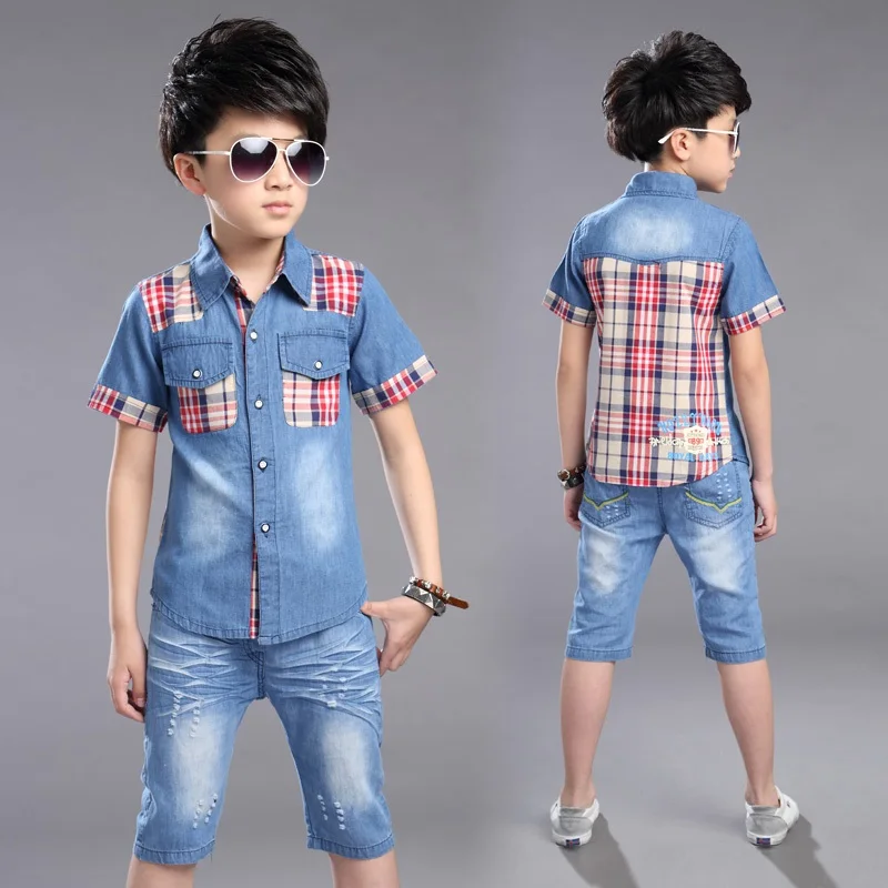 

Boys Clothing Summer Boys Clothes Set Shirt +Denim Shorts 2pcs Kids Clothes Set Turn-down Collar Big Boys Casual Suit