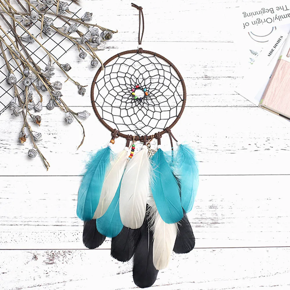 Ловец снов с большими натуральными перьями ярких цветов кружевные подвесные