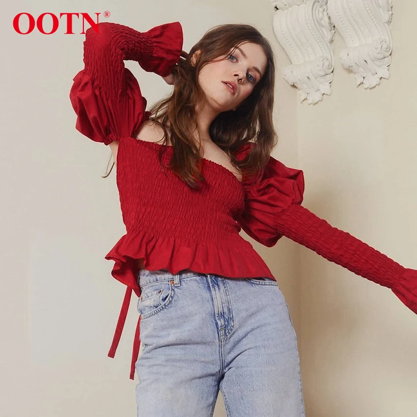 OOTN Puff Блузка с длинными рукавами Для женщин эластичные Блузы завязками на талии