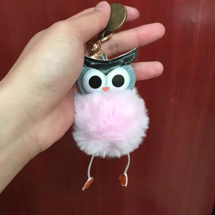 

QiYuFang Cute Pompom Owl Keychain pom pom Ying Yang Key Chain Rabbit Fur Ball pompon Porte Clef Fluffy Key Ring