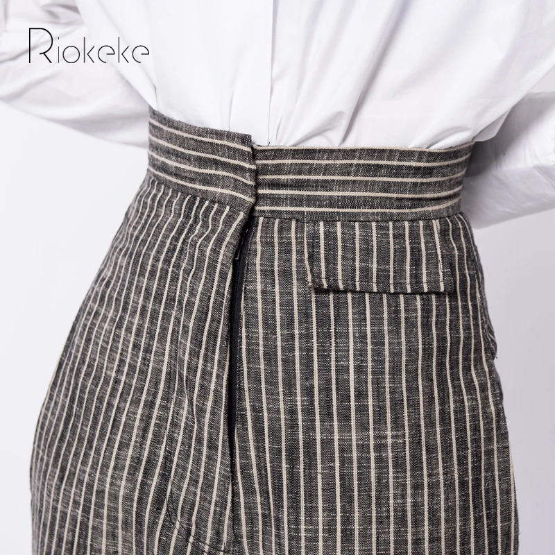 Riokeke/Винтажные льняные полосатые широкие женские брюки с высокой талией