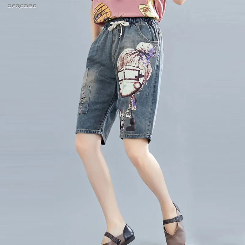 Джинсовые брюки до колена в стиле пэчворк с героями мультфильмов свободные