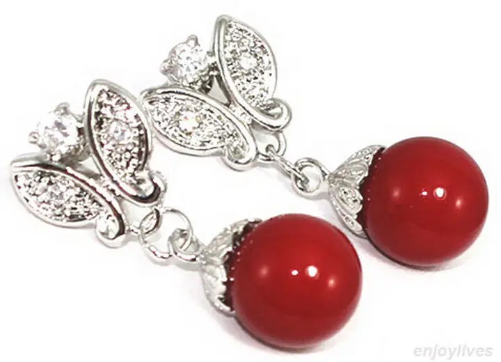 

free shipping Red Coral Beads White Plated Crystal Butterfly Earrings